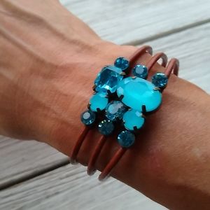 3strand Leather/AQUA Crystal/BRACELET